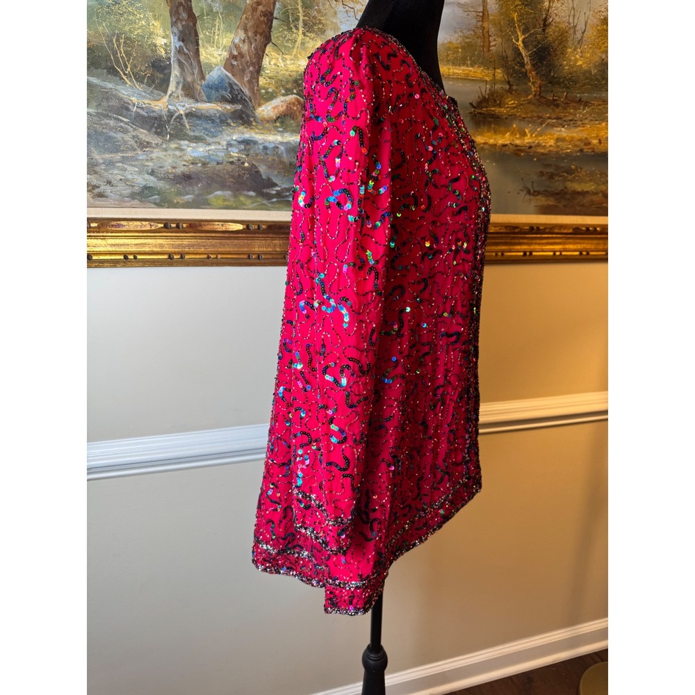 Vintage Pure Silk Beaded Sequin Evening Jacket Res Magenta Size S Gala Party - Picture 4 of 7